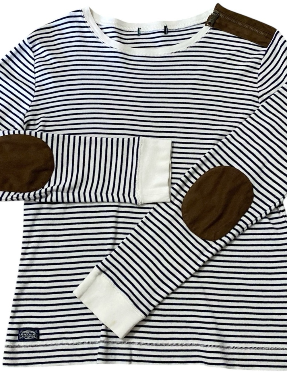 Lauren Ralph Lauren Striped Elbow Patch Top L Equestrian Preppy Old Money